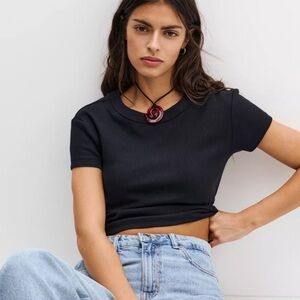 Pull & Bear Black Waffle Crop Top T-Shirt Medium